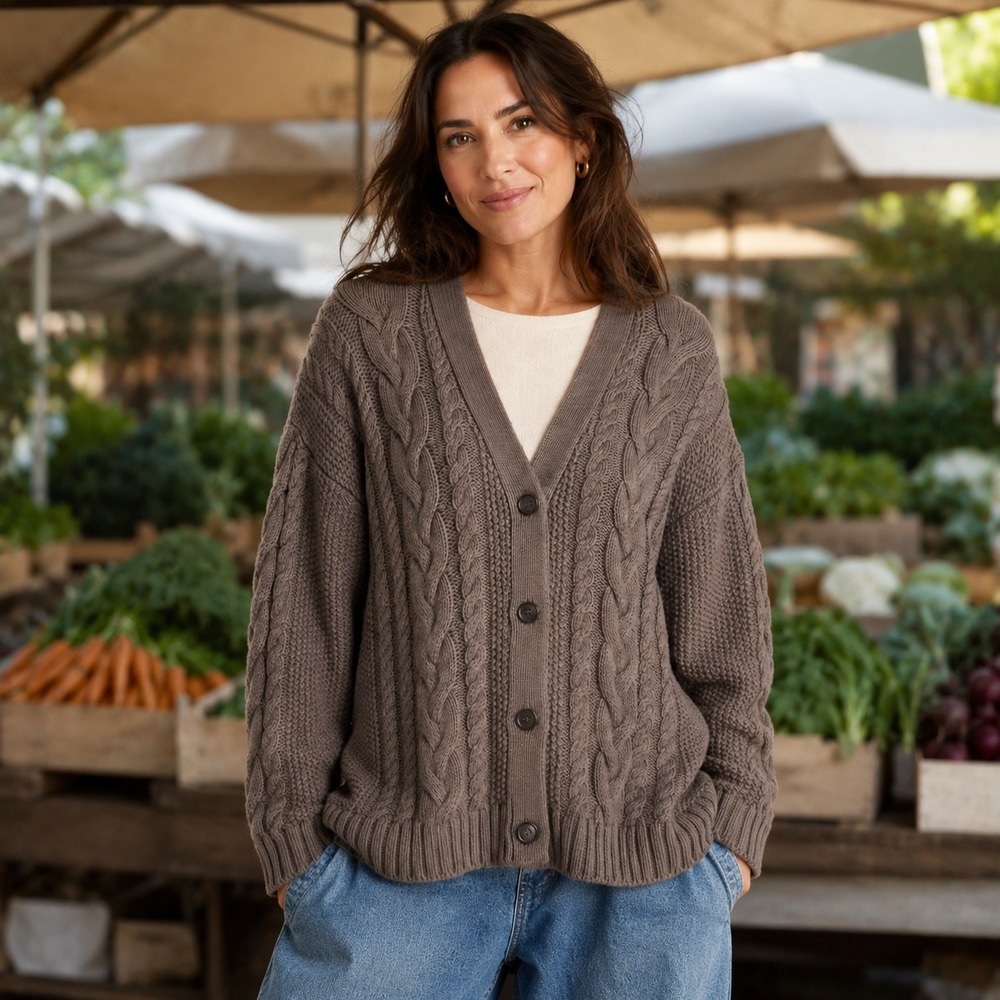 Quince Cotton Cable Knit Cardigan Sweater Womens XS Taupe Brown V-Neck Button Up